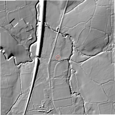 Shaded relief map of the ground around BA115EQ, computed from Environment Agency LiDAR. The ground here sits at about 77 m above sea level and falls 13 m across the surrounding 800 m. Surface water reaching this point runs off ground lying to the south, 4.5 m higher.