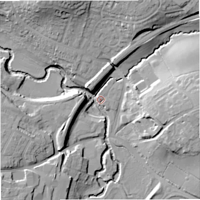 Shaded relief map of the ground around BA115HU, computed from Environment Agency LiDAR. The ground here sits at about 68 m above sea level and falls 25 m across the surrounding 800 m. Surface water reaching this point runs off ground lying to the east, 23.4 m higher.