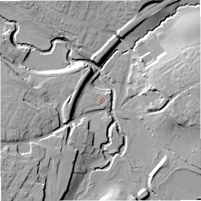 Shaded relief map of the ground around BA115JY, computed from Environment Agency LiDAR. The ground here sits at about 68 m above sea level and falls 25 m across the surrounding 800 m. Surface water reaching this point runs off ground lying to the west, 7.3 m higher.
