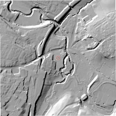 Shaded relief map of the ground around BA115JZ, computed from Environment Agency LiDAR. The ground here sits at about 67 m above sea level and falls 24 m across the surrounding 800 m. Surface water reaching this point runs off ground lying to the west-south-west, 6.9 m higher.