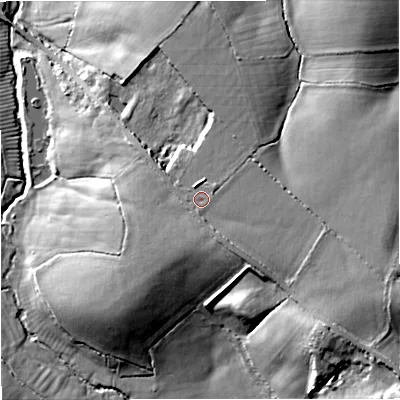 Shaded relief map of the ground around BA115LD, computed from Environment Agency LiDAR. The ground here sits at about 97 m above sea level and falls 31 m across the surrounding 800 m. Surface water reaching this point runs off ground lying to the south-east, 7.3 m higher.