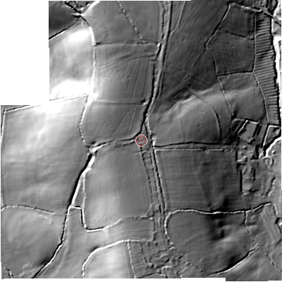Shaded relief map of the ground around BA115LH, computed from Environment Agency LiDAR. The ground here sits at about 95 m above sea level and falls 26 m across the surrounding 800 m. Surface water reaching this point runs off ground lying to the west, 1.7 m higher.