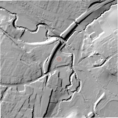 Shaded relief map of the ground around BA115LS, computed from Environment Agency LiDAR. The ground here sits at about 68 m above sea level and falls 25 m across the surrounding 800 m. Surface water reaching this point runs off ground lying to the west-south-west, 7.2 m higher.