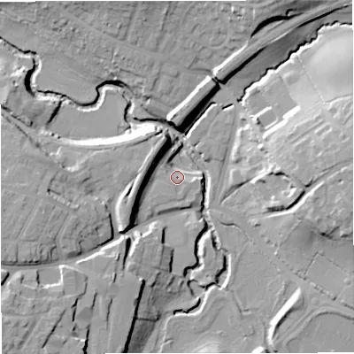Shaded relief map of the ground around BA115LT, computed from Environment Agency LiDAR. The ground here sits at about 67 m above sea level and falls 24 m across the surrounding 800 m. Surface water reaching this point runs off ground lying to the west-south-west, 7.2 m higher.