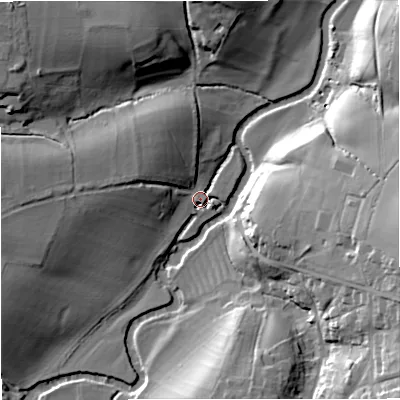 Shaded relief map of the ground around BA116AG, computed from Environment Agency LiDAR. The ground here sits at about 43 m above sea level and falls 26 m across the surrounding 800 m. Surface water reaching this point runs off ground lying to the west, 17.4 m higher.
