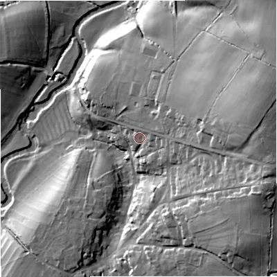 Shaded relief map of the ground around BA116PS, computed from Environment Agency LiDAR. The ground here sits at about 55 m above sea level and falls 39 m across the surrounding 800 m. Surface water reaching this point runs off ground lying to the east, 24.5 m higher.