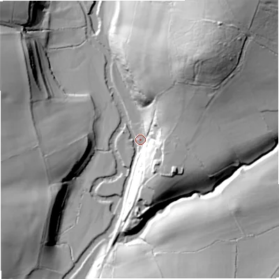 Shaded relief map of the ground around BA116QL, computed from Environment Agency LiDAR. The ground here sits at about 41 m above sea level and falls 43 m across the surrounding 800 m. Surface water reaching this point runs off ground lying to the north-east, 24.3 m higher.