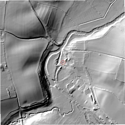 Shaded relief map of the ground around BA116SQ, computed from Environment Agency LiDAR. The ground here sits at about 46 m above sea level and falls 28 m across the surrounding 800 m. Surface water reaching this point runs off ground lying to the east-south-east, 8.6 m higher.