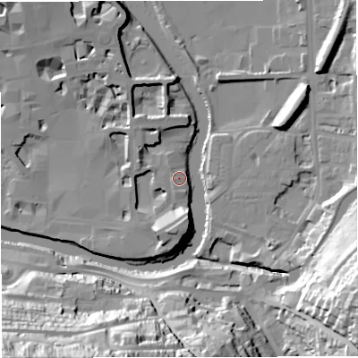Shaded relief map of the ground around BA11AA, computed from Environment Agency LiDAR. The ground here sits at about 20 m above sea level and falls 58 m across the surrounding 800 m. Surface water reaching this point runs off ground lying to the south, 9.6 m higher.
