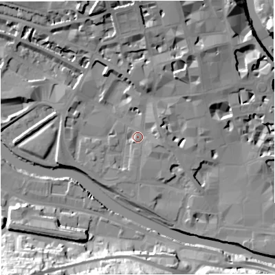 Shaded relief map of the ground around BA11AG, computed from Environment Agency LiDAR. The ground here sits at about 20 m above sea level and falls 30 m across the surrounding 800 m. Surface water reaching this point runs off ground lying to the north-north-east, 12.4 m higher.