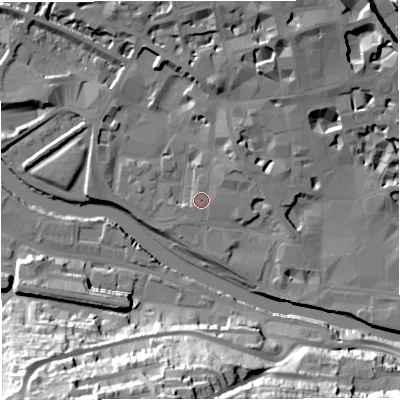 Shaded relief map of the ground around BA11AL, computed from Environment Agency LiDAR. The ground here sits at about 20 m above sea level and falls 48 m across the surrounding 800 m. Surface water reaching this point runs off ground lying to the north-east, 2.1 m higher.