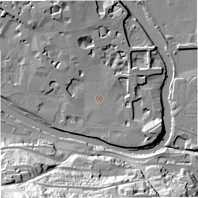 Shaded relief map of the ground around BA11AN, computed from Environment Agency LiDAR. The ground here sits at about 20 m above sea level and falls 66 m across the surrounding 800 m. Surface water reaching this point runs off ground lying to the north-east, 5.0 m higher.