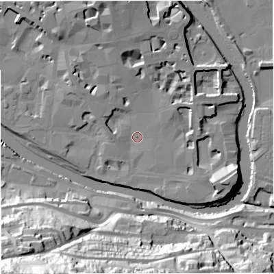 Shaded relief map of the ground around BA11AQ, computed from Environment Agency LiDAR. The ground here sits at about 19 m above sea level and falls 66 m across the surrounding 800 m. Surface water reaching this point runs off ground lying to the north, 11.4 m higher.