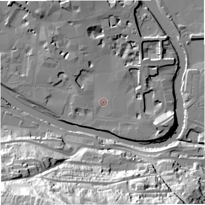 Shaded relief map of the ground around BA11AR, computed from Environment Agency LiDAR. The ground here sits at about 20 m above sea level and falls 84 m across the surrounding 800 m. Surface water reaching this point runs off ground lying to the north-north-west, 9.6 m higher.