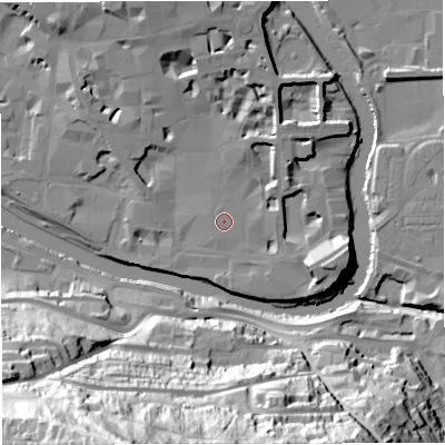 Shaded relief map of the ground around BA11AT, computed from Environment Agency LiDAR. The ground here sits at about 20 m above sea level and falls 88 m across the surrounding 800 m. The ground contributing surface water to this point lies to the north-east.