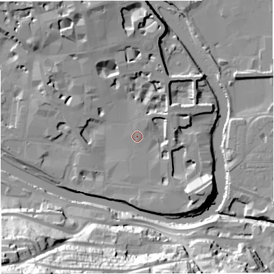 Shaded relief map of the ground around BA11AU, computed from Environment Agency LiDAR. The ground here sits at about 21 m above sea level and falls 49 m across the surrounding 800 m. Surface water reaching this point runs off ground lying to the north-east, 1.7 m higher.