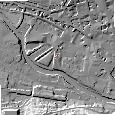 Shaded relief map of the ground around BA11BQ, computed from Environment Agency LiDAR. The ground here sits at about 20 m above sea level and falls 29 m across the surrounding 800 m. Surface water reaching this point runs off ground lying to the east-south-east, 1.8 m higher.