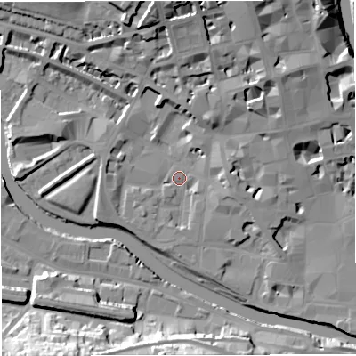 Shaded relief map of the ground around BA11BS, computed from Environment Agency LiDAR. The ground here sits at about 19 m above sea level and falls 26 m across the surrounding 800 m. Surface water reaching this point runs off ground lying to the north-east, 12.3 m higher.