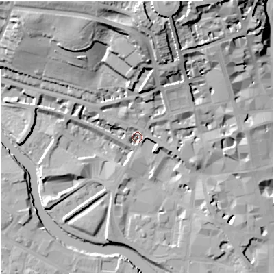 Shaded relief map of the ground around BA11HU, computed from Environment Agency LiDAR. The ground here sits at about 21 m above sea level and falls 34 m across the surrounding 800 m. Surface water reaching this point runs off ground lying to the north-north-east, 28.2 m higher.