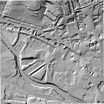 Shaded relief map of the ground around BA11HX, computed from Environment Agency LiDAR. The ground here sits at about 18 m above sea level and falls 31 m across the surrounding 800 m. Surface water reaching this point runs off ground lying to the north, 29.0 m higher.