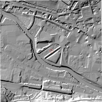 Shaded relief map of the ground around BA11HZ, computed from Environment Agency LiDAR. The ground here sits at about 18 m above sea level and falls 25 m across the surrounding 800 m. Surface water reaching this point runs off ground lying to the south-south-west, 3.1 m higher.