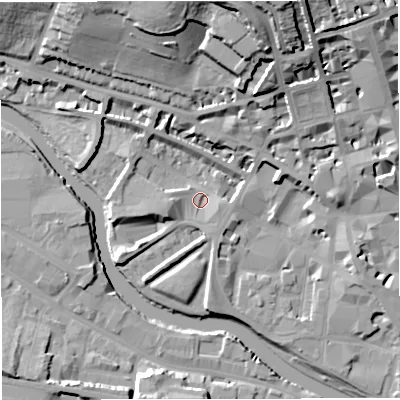 Shaded relief map of the ground around BA11JB, computed from Environment Agency LiDAR. The ground here sits at about 19 m above sea level and falls 30 m across the surrounding 800 m. Surface water reaching this point runs off ground lying to the north-north-east, 28.1 m higher.