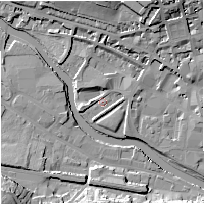Shaded relief map of the ground around BA11JD, computed from Environment Agency LiDAR. The ground here sits at about 19 m above sea level and falls 25 m across the surrounding 800 m. Surface water reaching this point runs off ground lying to the north-north-east, 21.6 m higher.