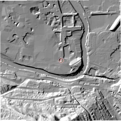 Shaded relief map of the ground around BA11JH, computed from Environment Agency LiDAR. The ground here sits at about 19 m above sea level and falls 103 m across the surrounding 800 m. Surface water reaching this point runs off ground lying to the north, 3.3 m higher.