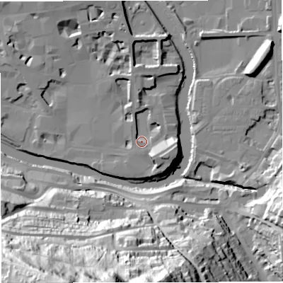 Shaded relief map of the ground around BA11JP, computed from Environment Agency LiDAR. The ground here sits at about 20 m above sea level and falls 101 m across the surrounding 800 m. Surface water reaching this point runs off ground lying to the east-south-east, 9.6 m higher.