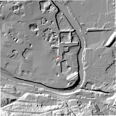 Shaded relief map of the ground around BA11JQ, computed from Environment Agency LiDAR. The ground here sits at about 20 m above sea level and falls 53 m across the surrounding 800 m. Surface water reaching this point runs off ground lying to the north, 4.3 m higher.