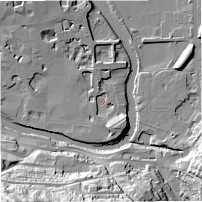Shaded relief map of the ground around BA11JW, computed from Environment Agency LiDAR. The ground here sits at about 19 m above sea level and falls 78 m across the surrounding 800 m. Surface water reaching this point runs off ground lying to the south-east, 9.6 m higher.