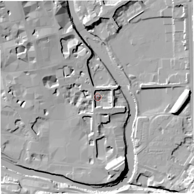 Shaded relief map of the ground around BA11LB, computed from Environment Agency LiDAR. The ground here sits at about 20 m above sea level and falls 19 m across the surrounding 800 m. Surface water reaching this point runs off ground lying to the south-south-east, 6.0 m higher.