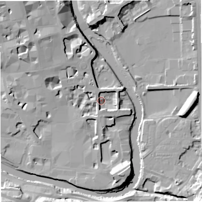 Shaded relief map of the ground around BA11LE, computed from Environment Agency LiDAR. The ground here sits at about 20 m above sea level and falls 21 m across the surrounding 800 m. Surface water reaching this point runs off ground lying to the south-south-east, 6.0 m higher.