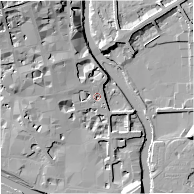 Shaded relief map of the ground around BA11LP, computed from Environment Agency LiDAR. The ground here sits at about 23 m above sea level and falls 27 m across the surrounding 800 m. Surface water reaching this point runs off ground lying to the north-north-west, 5.8 m higher.