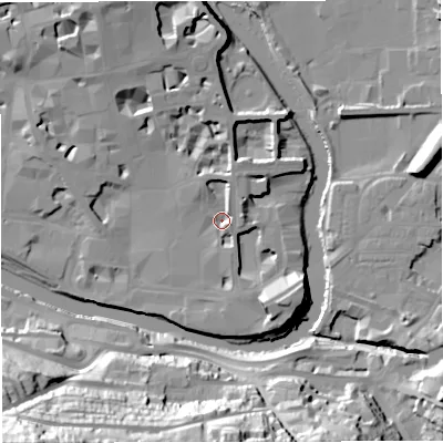 Shaded relief map of the ground around BA11PQ, computed from Environment Agency LiDAR. The ground here sits at about 20 m above sea level and falls 55 m across the surrounding 800 m. Surface water reaching this point runs off ground lying to the north-north-east, 4.3 m higher.