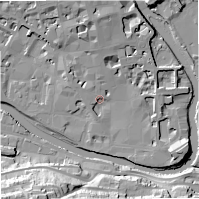 Shaded relief map of the ground around BA11QR, computed from Environment Agency LiDAR. The ground here sits at about 20 m above sea level and falls 46 m across the surrounding 800 m. Surface water reaching this point runs off ground lying to the west-north-west, 4.4 m higher.