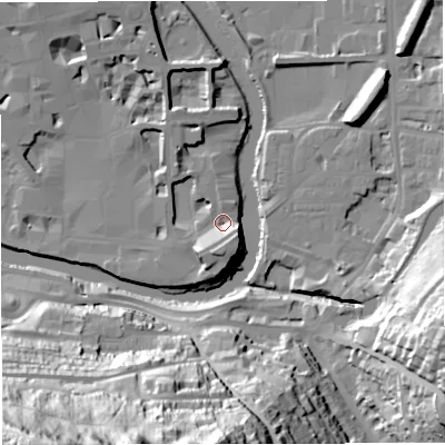 Shaded relief map of the ground around BA11SR, computed from Environment Agency LiDAR. The ground here sits at about 20 m above sea level and falls 97 m across the surrounding 800 m. Surface water reaching this point runs off ground lying to the south-east, 6.3 m higher.