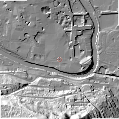 Shaded relief map of the ground around BA11SS, computed from Environment Agency LiDAR. The ground here sits at about 20 m above sea level and falls 103 m across the surrounding 800 m. Surface water reaching this point runs off ground lying to the east-south-east, 1.9 m higher.