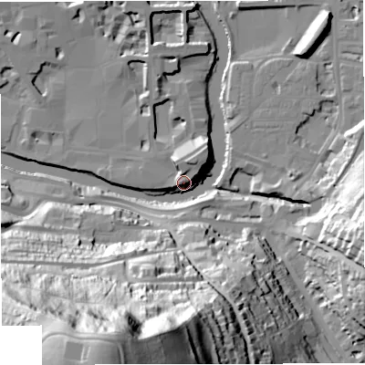Shaded relief map of the ground around BA11ST, computed from Environment Agency LiDAR. The ground here sits at about 23 m above sea level and falls 111 m across the surrounding 800 m. Surface water reaching this point runs off ground lying to the south-south-west, 111.2 m higher.