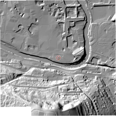 Shaded relief map of the ground around BA11SX, computed from Environment Agency LiDAR. The ground here sits at about 21 m above sea level and falls 111 m across the surrounding 800 m. Surface water reaching this point runs off ground lying to the east-north-east, 1.6 m higher.