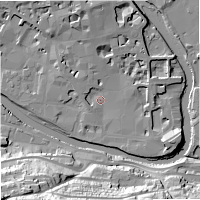 Shaded relief map of the ground around BA11TG, computed from Environment Agency LiDAR. The ground here sits at about 20 m above sea level and falls 51 m across the surrounding 800 m. Surface water reaching this point runs off ground lying to the north, 12.1 m higher.