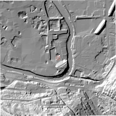 Shaded relief map of the ground around BA11TH, computed from Environment Agency LiDAR. The ground here sits at about 21 m above sea level and falls 94 m across the surrounding 800 m. Surface water reaching this point runs off ground lying to the south-south-east, 9.6 m higher.