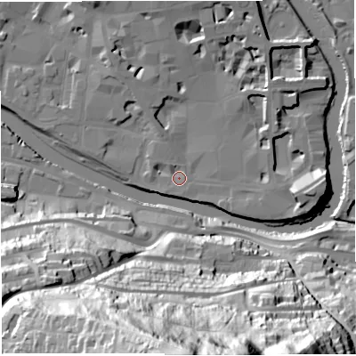 Shaded relief map of the ground around BA11TP, computed from Environment Agency LiDAR. The ground here sits at about 19 m above sea level and falls 103 m across the surrounding 800 m. Surface water reaching this point runs off ground lying to the north, 7.6 m higher.
