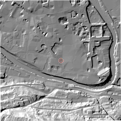 Shaded relief map of the ground around BA11TR, computed from Environment Agency LiDAR. The ground here sits at about 19 m above sea level and falls 80 m across the surrounding 800 m. Surface water reaching this point runs off ground lying to the north, 10.0 m higher.