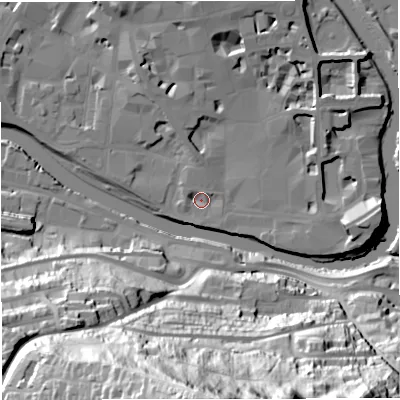 Shaded relief map of the ground around BA11TS, computed from Environment Agency LiDAR. The ground here sits at about 18 m above sea level and falls 98 m across the surrounding 800 m. Surface water reaching this point runs off ground lying to the north, 9.3 m higher.