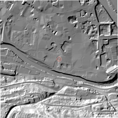 Shaded relief map of the ground around BA11UA, computed from Environment Agency LiDAR. The ground here sits at about 19 m above sea level and falls 81 m across the surrounding 800 m. Surface water reaching this point runs off ground lying to the north-north-west, 4.5 m higher.