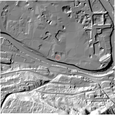 Shaded relief map of the ground around BA11UB, computed from Environment Agency LiDAR. The ground here sits at about 19 m above sea level and falls 104 m across the surrounding 800 m. Surface water reaching this point runs off ground lying to the north, 8.4 m higher.