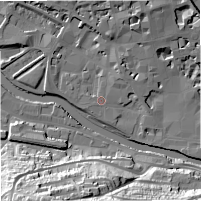 Shaded relief map of the ground around BA11UE, computed from Environment Agency LiDAR. The ground here sits at about 20 m above sea level and falls 51 m across the surrounding 800 m. Surface water reaching this point runs off ground lying to the north-east, 2.2 m higher.