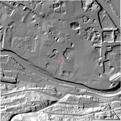 Shaded relief map of the ground around BA11UF, computed from Environment Agency LiDAR. The ground here sits at about 19 m above sea level and falls 66 m across the surrounding 800 m. Surface water reaching this point runs off ground lying to the north-north-west, 4.5 m higher.