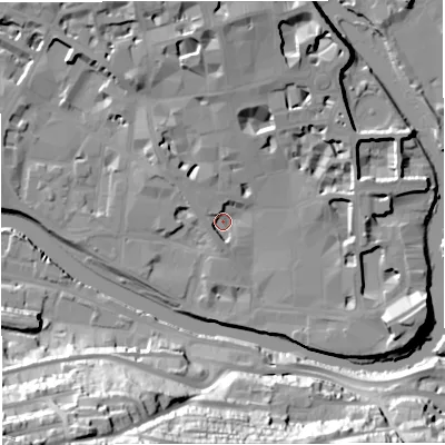 Shaded relief map of the ground around BA11UH, computed from Environment Agency LiDAR. The ground here sits at about 19 m above sea level and falls 51 m across the surrounding 800 m. Surface water reaching this point runs off ground lying to the north, 12.1 m higher.